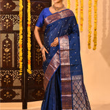 Royal Blue With Gold Zari Butti And Copper Zari Border Kanjivaram Silk Saree