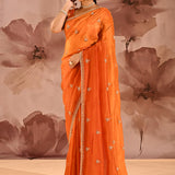 Rust Orange With Sequin Tassel Motif Border Satin Silk Saree