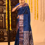 Royal Blue With Gold Zari Butti And Copper Zari Border Kanjivaram Silk Saree