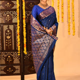 Royal Blue With Gold Zari Butti And Copper Zari Border Kanjivaram Silk Saree