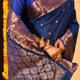 Royal Blue With Gold Zari Butti And Copper Zari Border Kanjivaram Silk Saree