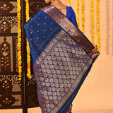 Royal Blue With Gold Zari Butti And Copper Zari Border Kanjivaram Silk Saree