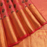 Coral Pink Kanjivaram Silk Saree With Black Gold Zari Peacock Butti And Heavy Gold Zari Border