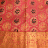 Coral Pink Kanjivaram Silk Saree With Black Gold Zari Peacock Butti And Heavy Gold Zari Border