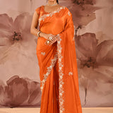 Burnt Orange With Sequin Floral Vine Border Organza Tissue Saree