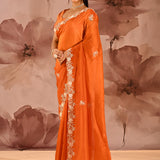 Burnt Orange With Sequin Floral Vine Border Organza Tissue Saree