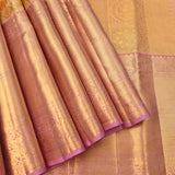 Mustard Yellow Kanjivaram Silk Saree With Gold Zari Jaal And Contrast Lavender Border With Temple Weave