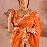 Burnt Orange With Sequin Floral Vine Border Organza Tissue Saree