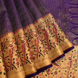 Deep Violet Kanjivaram Silk Saree With Gold Zari Shikargah Parrot And Floral Contrast Border