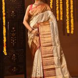 Silver White Contrast Border Tissue Kanjivaram Silk Saree