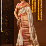 Silver White Contrast Border Tissue Kanjivaram Silk Saree