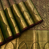 Dark Green And Maroon Kanjivaram Silk Saree With Gold Zari All Over Floral Jaal And Contrast Border