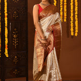 Silver White Contrast Border Tissue Kanjivaram Silk Saree