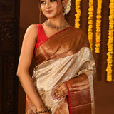 Silver White Contrast Border Tissue Kanjivaram Silk Saree