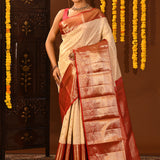 Red And Beige Checked Kanjivaram Silk Saree