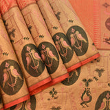 Salmon Orange Kanjivaram Silk Saree With Gold Zari Shikargah Bird Medallion And Multicolour Contrast Border