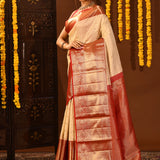 Red And Beige Checked Kanjivaram Silk Saree