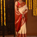 Red And Beige Checked Kanjivaram Silk Saree