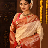 Red And Beige Checked Kanjivaram Silk Saree