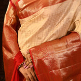 Red And Beige Checked Kanjivaram Silk Saree