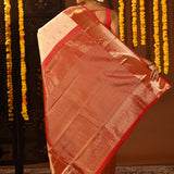 Red And Beige Checked Kanjivaram Silk Saree