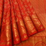 Bright Red Kanjivaram Silk Saree With Gold Zari Crane Butti And Peacock Medallion Border Weave