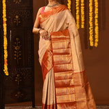 Pearl Ivory Contrast Border Kanjivaram Silk Saree
