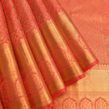 Tomato Red Kanjivaram Silk Saree With Gold Zari All Over Floral Butti And Kalash Motif Border Weave