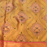 Golden Yellow Kanjivaram Silk Saree With Multicolour Floral Medallion Butti And Contrast Pink Gold Zari Geometric Border