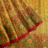 Lime Green Kanjivaram Silk Saree With Multicolour Zari Floral Jaal And Contrast Green Pink Border With Arch Medallion Weave