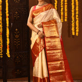 Beige & Red Checked Motif Kanjivaram Silk Saree