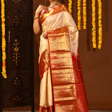 Beige & Red Checked Motif Kanjivaram Silk Saree