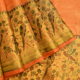 Peach Orange Kanjivaram Silk Saree With Gold Zari Shikargah Parrot And Floral Multicolour Contrast Border