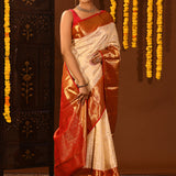 Beige & Red Checked Motif Kanjivaram Silk Saree