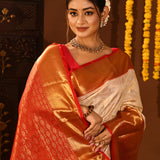 Beige & Red Checked Motif Kanjivaram Silk Saree