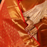 Beige & Red Checked Motif Kanjivaram Silk Saree