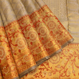 Silver Grey Kanjivaram Silk Saree With Self Tone Gold Zari Floral Weave And Contrast Orange Gold Jaal Border