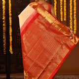 Beige & Red Checked Motif Kanjivaram Silk Saree