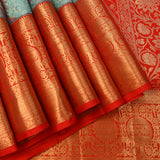 Teal And Red Kanjivaram Silk Saree With Gold Zari Floral Jaal And Grand Contrast Red Border With Medallion Weave
