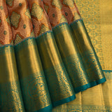Copper Gold Kanjivaram Silk Saree With Teal Zari Floral Butti And Contrast Teal Gold Zari Border With Floral Medallion Weave