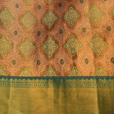 Copper Gold Kanjivaram Silk Saree With Teal Zari Floral Butti And Contrast Teal Gold Zari Border With Floral Medallion Weave