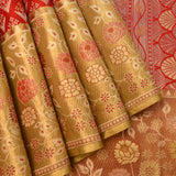 Bright Red Kanjivaram Silk Saree With Silver Gold Dual Zari Floral Jaal And Contrast Gold Border With Large Floral Vine Weave