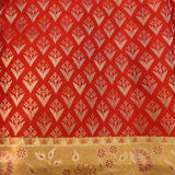 Bright Red Kanjivaram Silk Saree With Silver Gold Dual Zari Floral Jaal And Contrast Gold Border With Large Floral Vine Weave