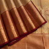 Antique Gold Kanjivaram Silk Saree With Self Tone Scales Jaal And Contrast Maroon Gold Zari Paisley Border Weave