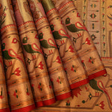 Golden Beige Kanjivaram Silk Saree With Multicolour Shikargah Bird And Geometric Weave With Contrast Red Border