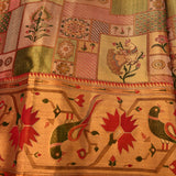 Golden Beige Kanjivaram Silk Saree With Multicolour Shikargah Bird And Geometric Weave With Contrast Red Border