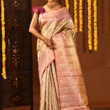 Pastel Green Pink Floral Tissue Kanjivaram Silk Saree