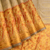 Grey Kanjivaram Silk Saree With Parrot And Floral Gold Zari Border