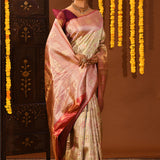 Pastel Green Pink Floral Tissue Kanjivaram Silk Saree