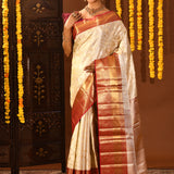 Off White With All Over Floral Jaal Kanivaram Tissue Silk Saree